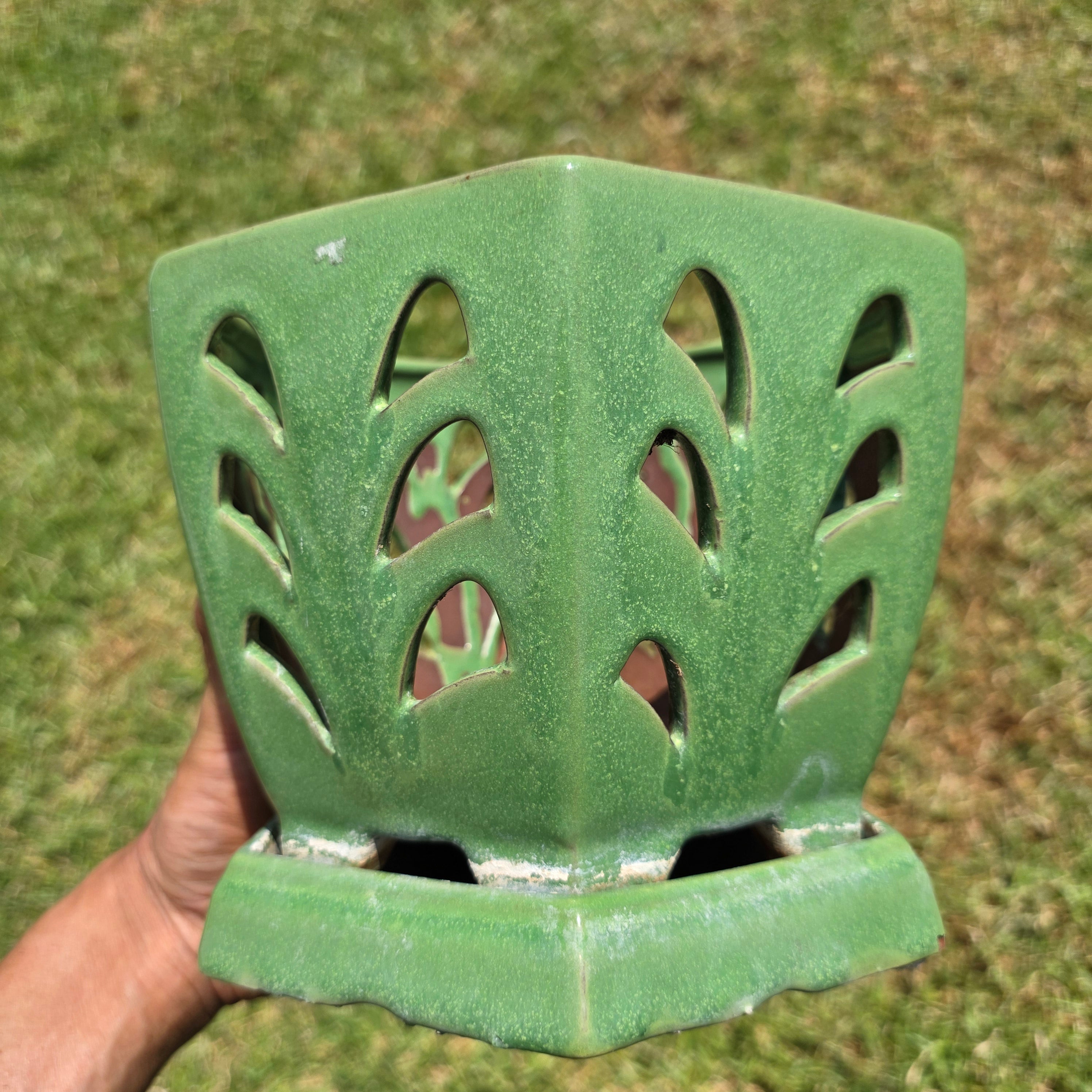 Vintage Orchid Pot Ceramic Planter Hexagon Green Glazed Cutout Attached Saucer 7"
