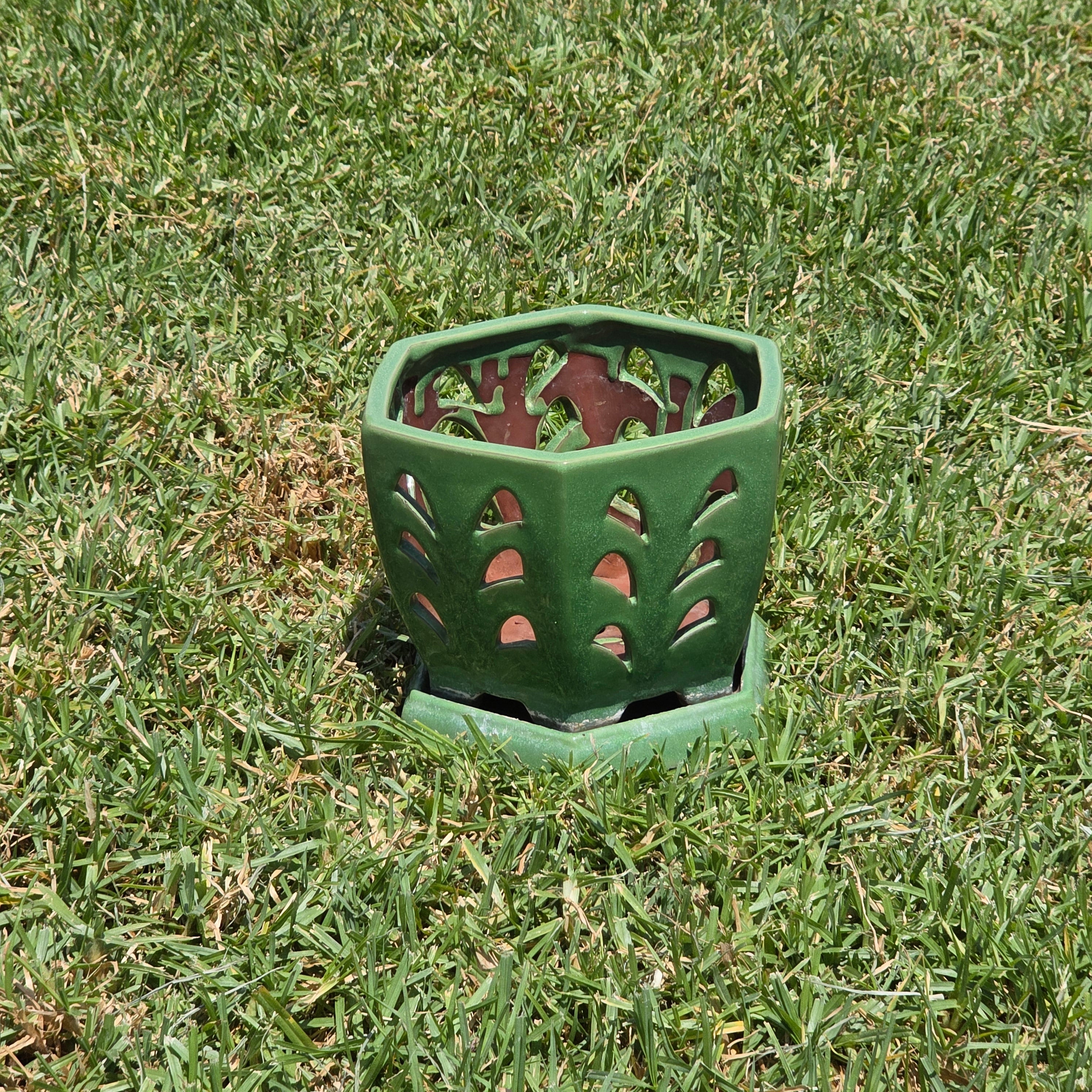 Vintage Orchid Pot Ceramic Planter Hexagon Green Glazed Cutout Attached Saucer 7"