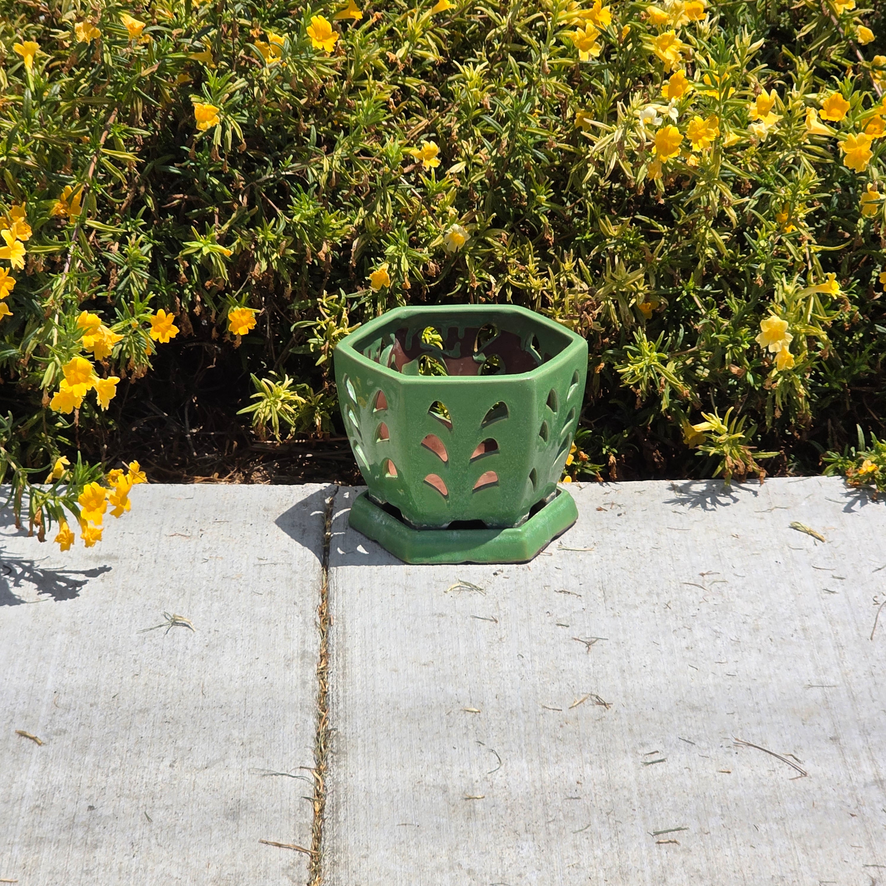 Vintage Orchid Pot Ceramic Planter Hexagon Green Glazed Cutout Attached Saucer 7"