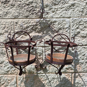 Vintage Wrought Iron Wall Planter Double Basket Sconce W Terracotta Saucers 7.5"