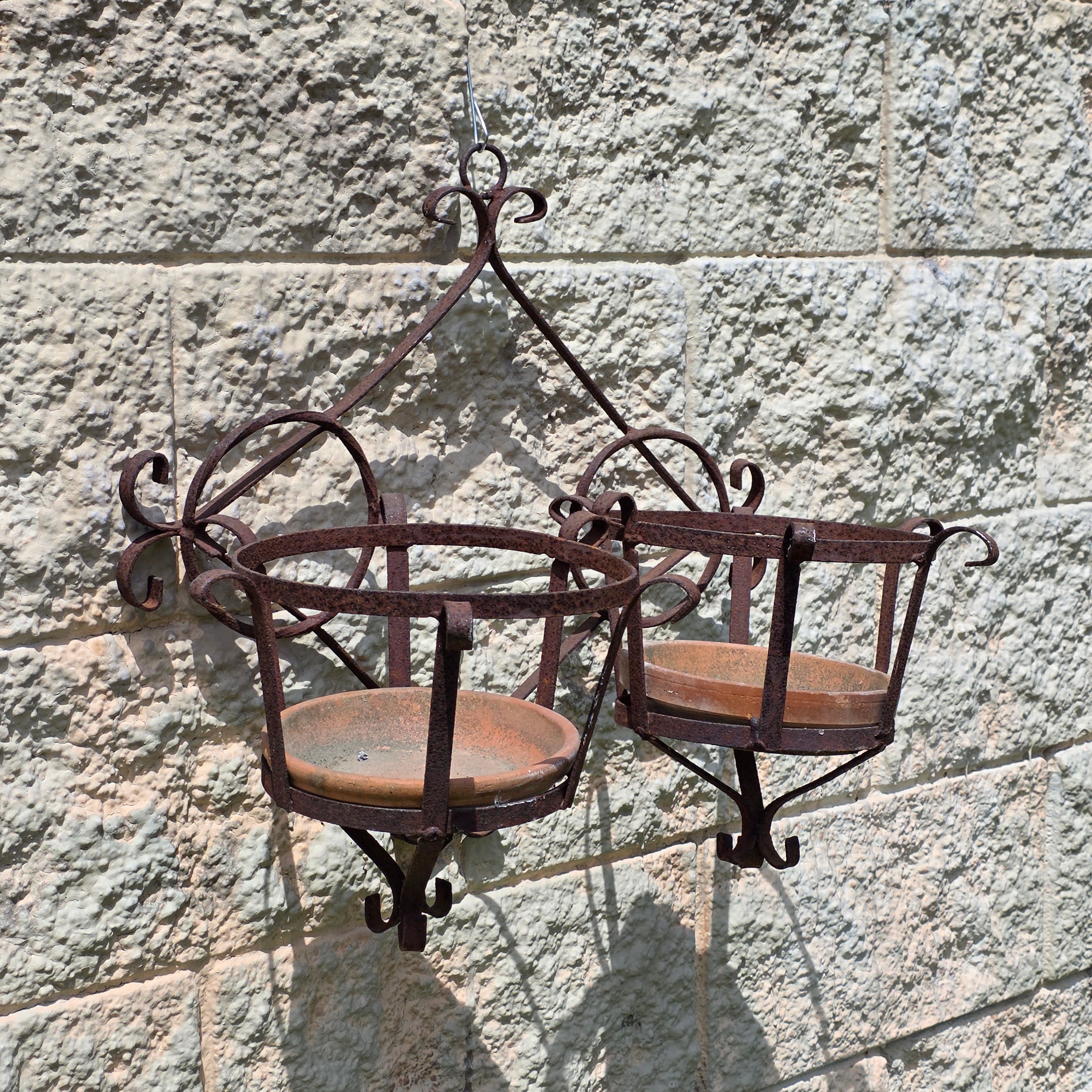 Vintage Wrought Iron Wall Planter Double Basket Sconce W Terracotta Saucers 7.5"