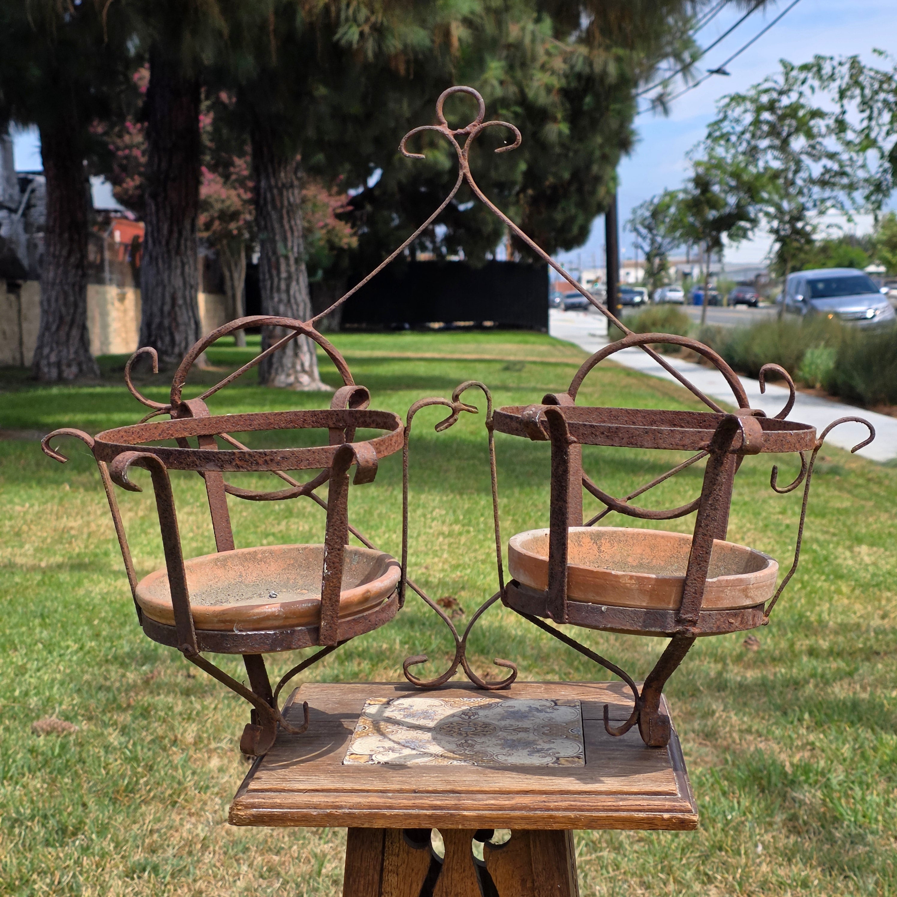 Vintage Wrought Iron Wall Planter Double Basket Sconce W Terracotta Saucers 7.5"