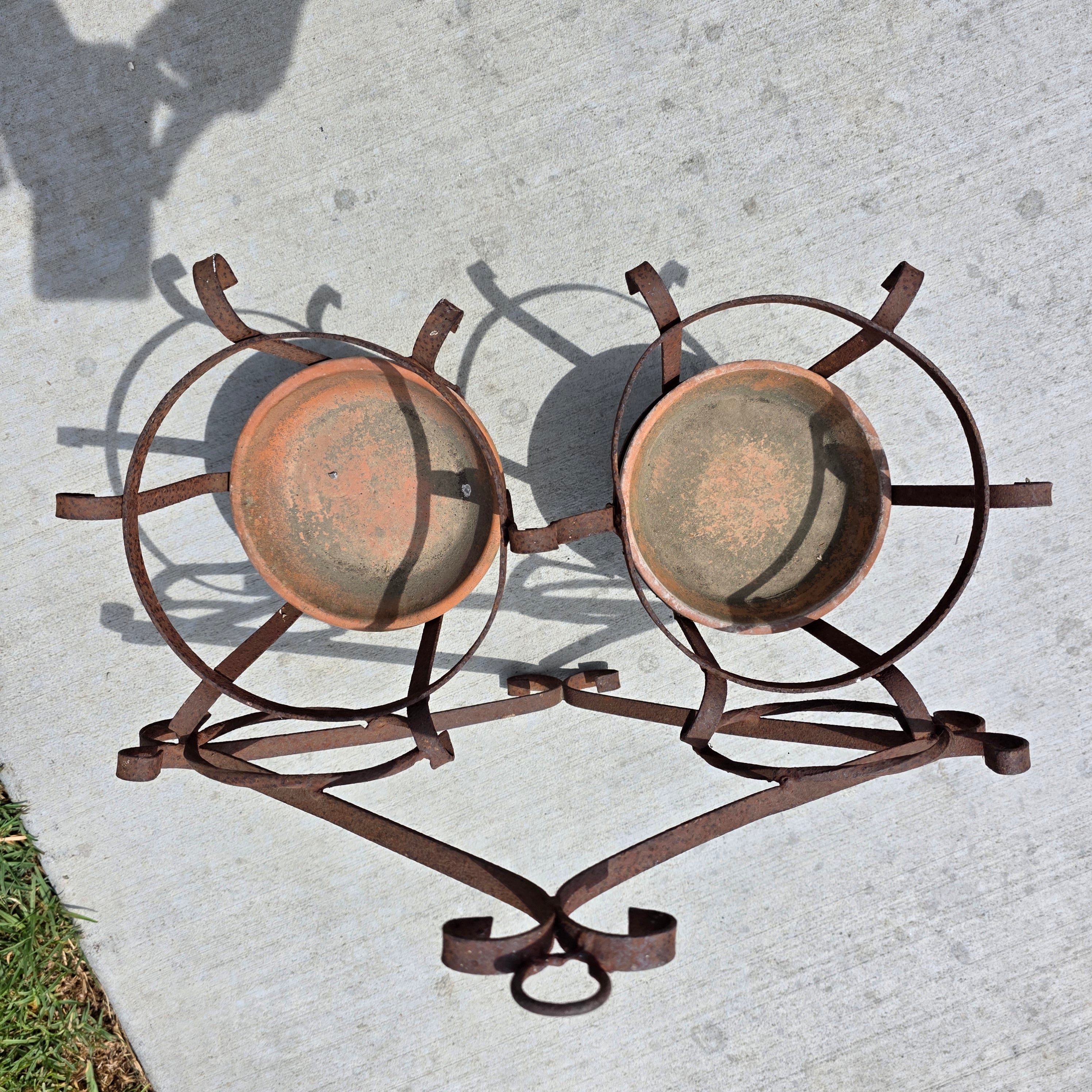 Vintage Wrought Iron Wall Planter Double Basket Sconce W Terracotta Saucers 7.5"