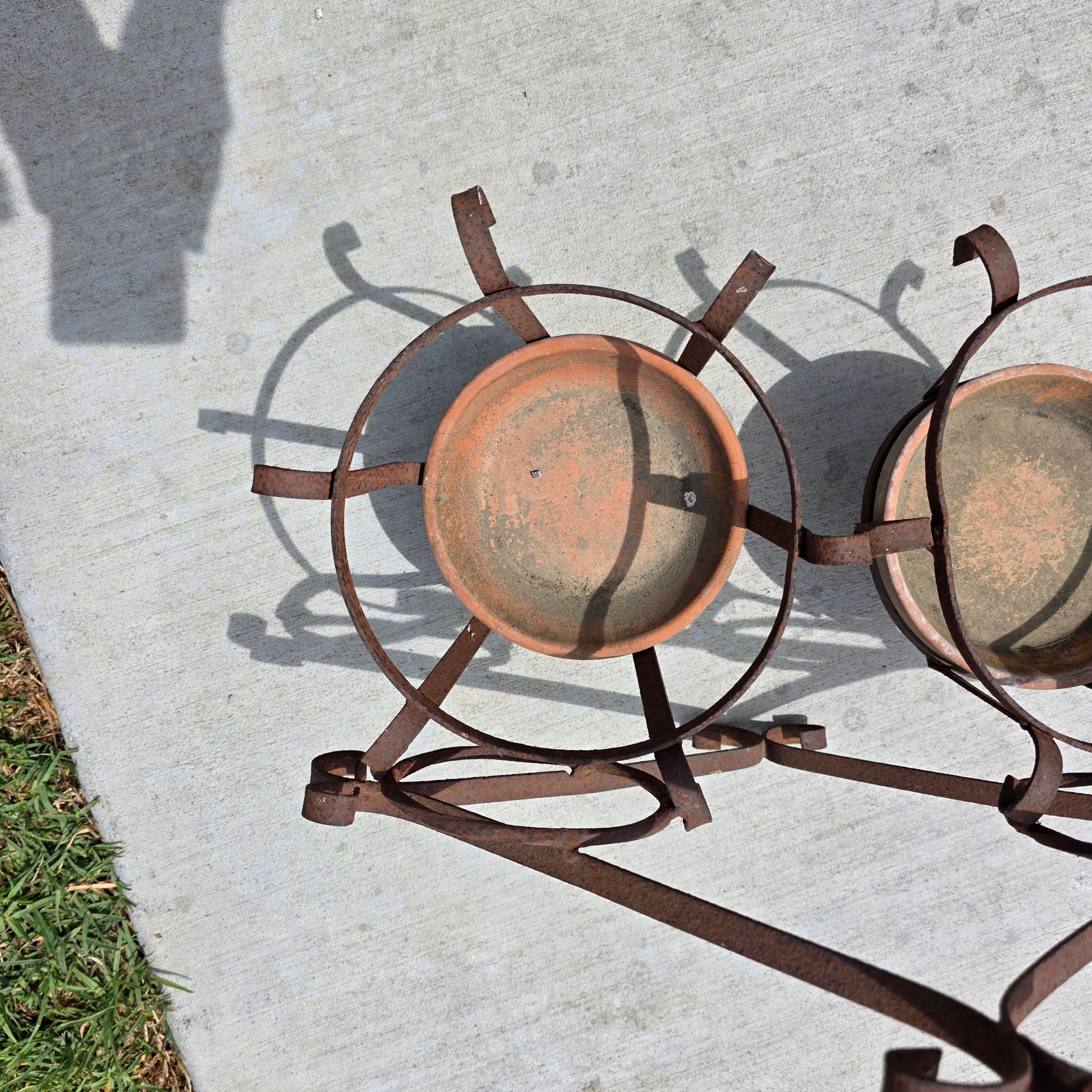 Vintage Wrought Iron Wall Planter Double Basket Sconce W Terracotta Saucers 7.5"