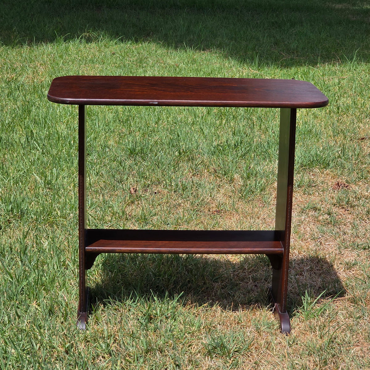 Antique English Oak Trestle Side Table Carved Shell Edwardian Arts Crafts