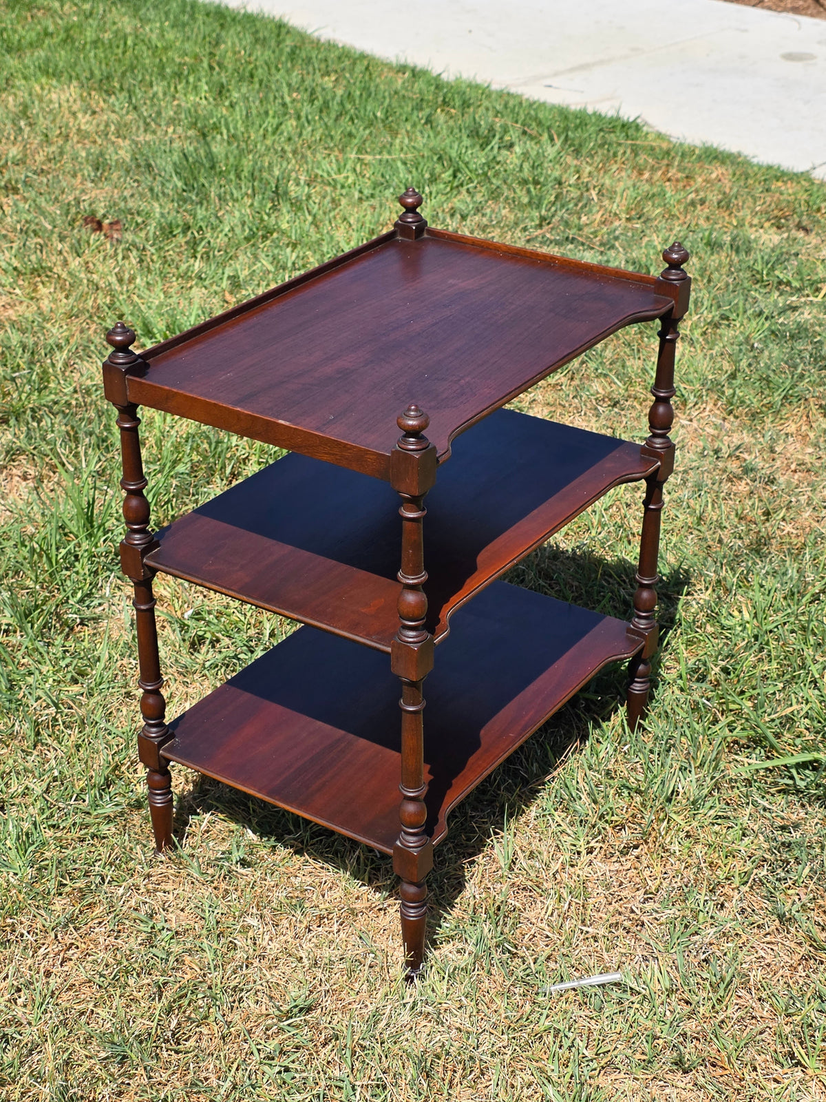 Vintage Bullocks Los Angeles Mahogany 3 Tier Serpentine Etagere Whatnot Shelf