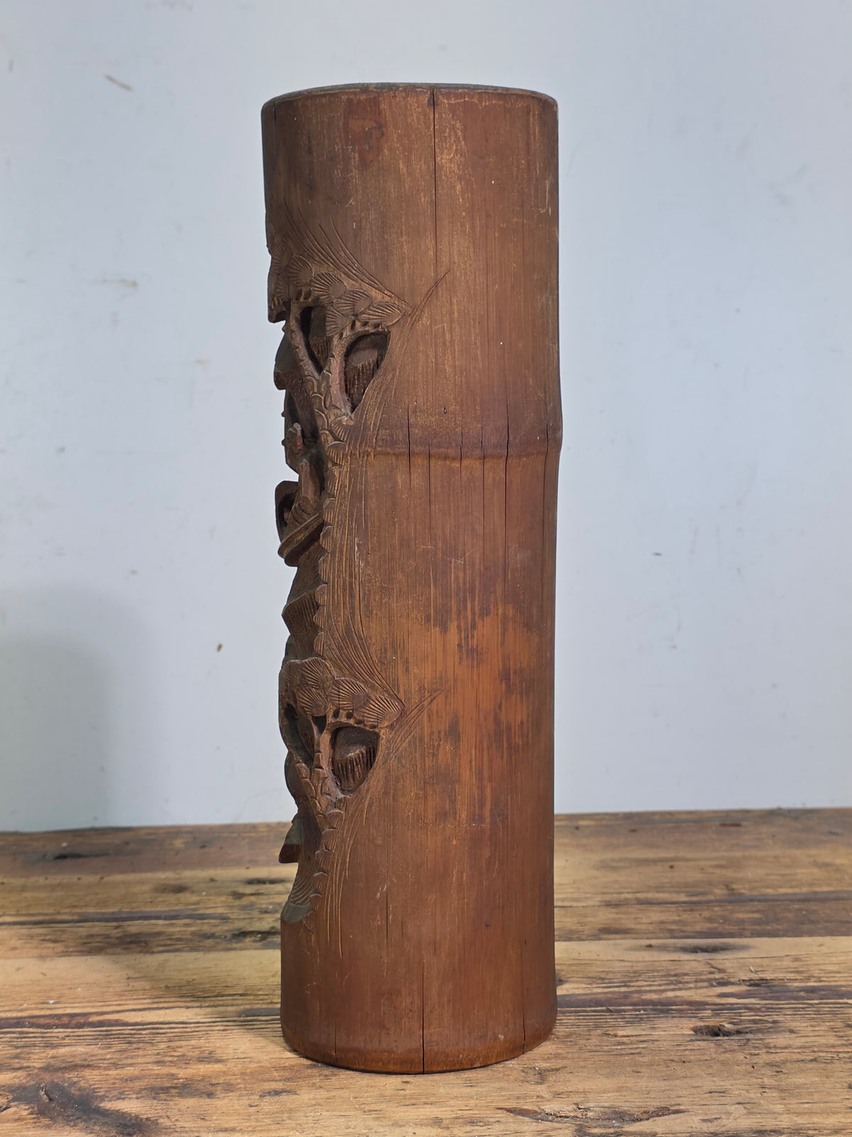 Mid-Century Chinese Carved Bamboo Brush Pot Bitong Landscape Boat Vintage 1950s