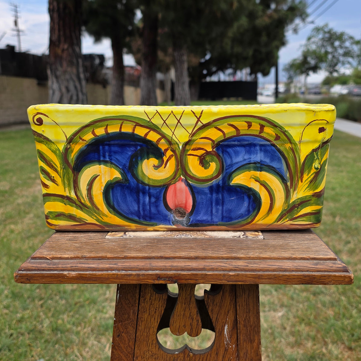 Vintage Italian Majolica Planter Box Ceramic Window Trough Yellow Blue Italy