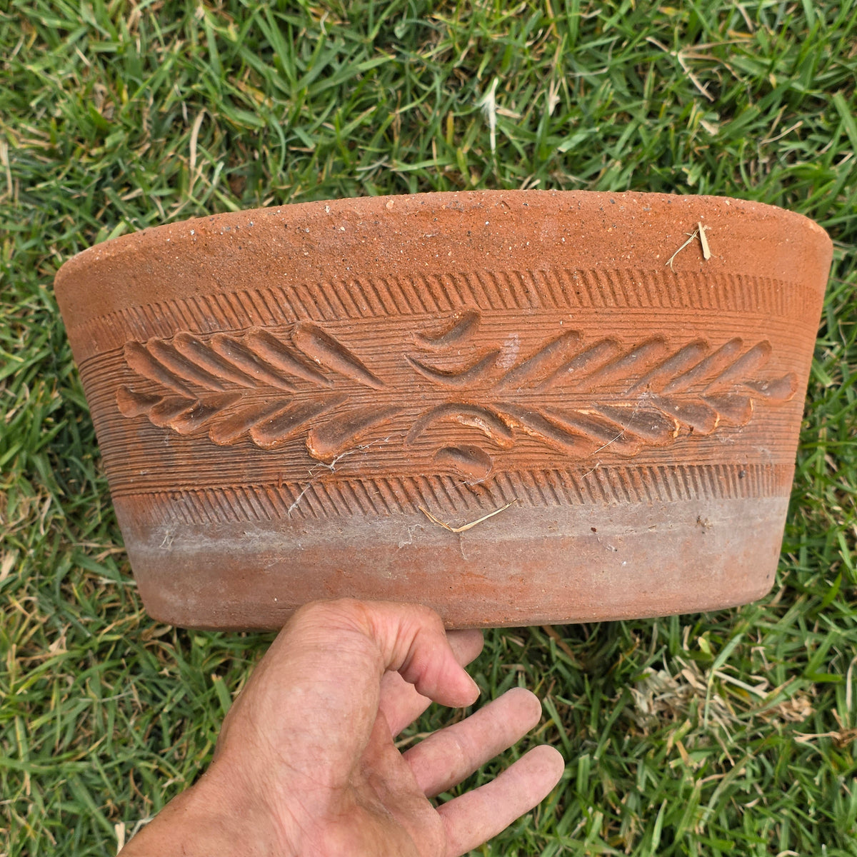 Vintage Terracotta Low Bowl Planter 14" Carved Wheat Leaf Clay Pot Garden Rust