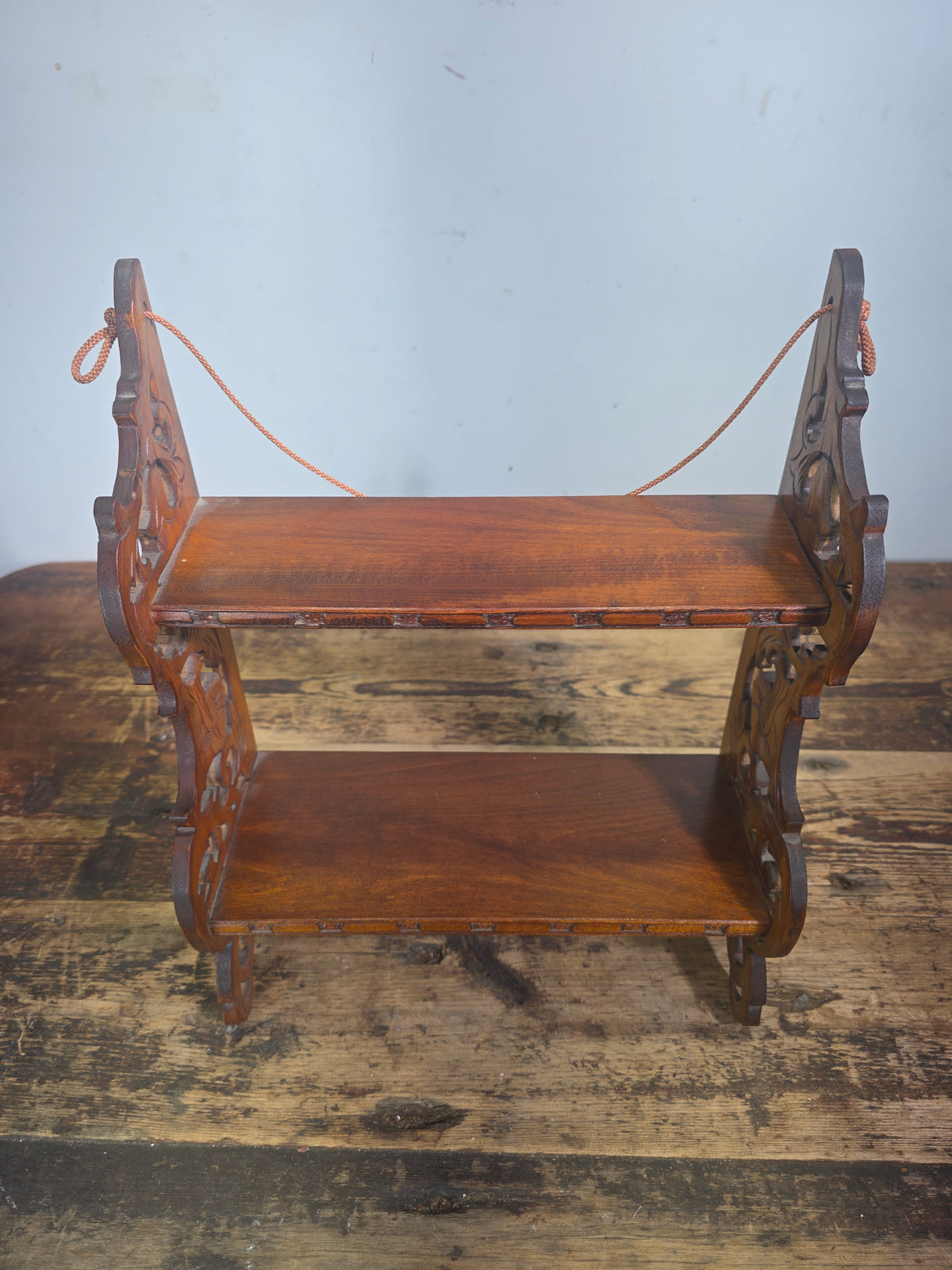 Vintage Japanese Carved Wood Hanging Wall Shelf 2 Tier Openwork Spice Rack