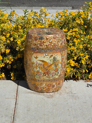 Vintage Satsuma Porcelain Garden Stool Gilt Moriage Bird Flower Plant Stand 18"