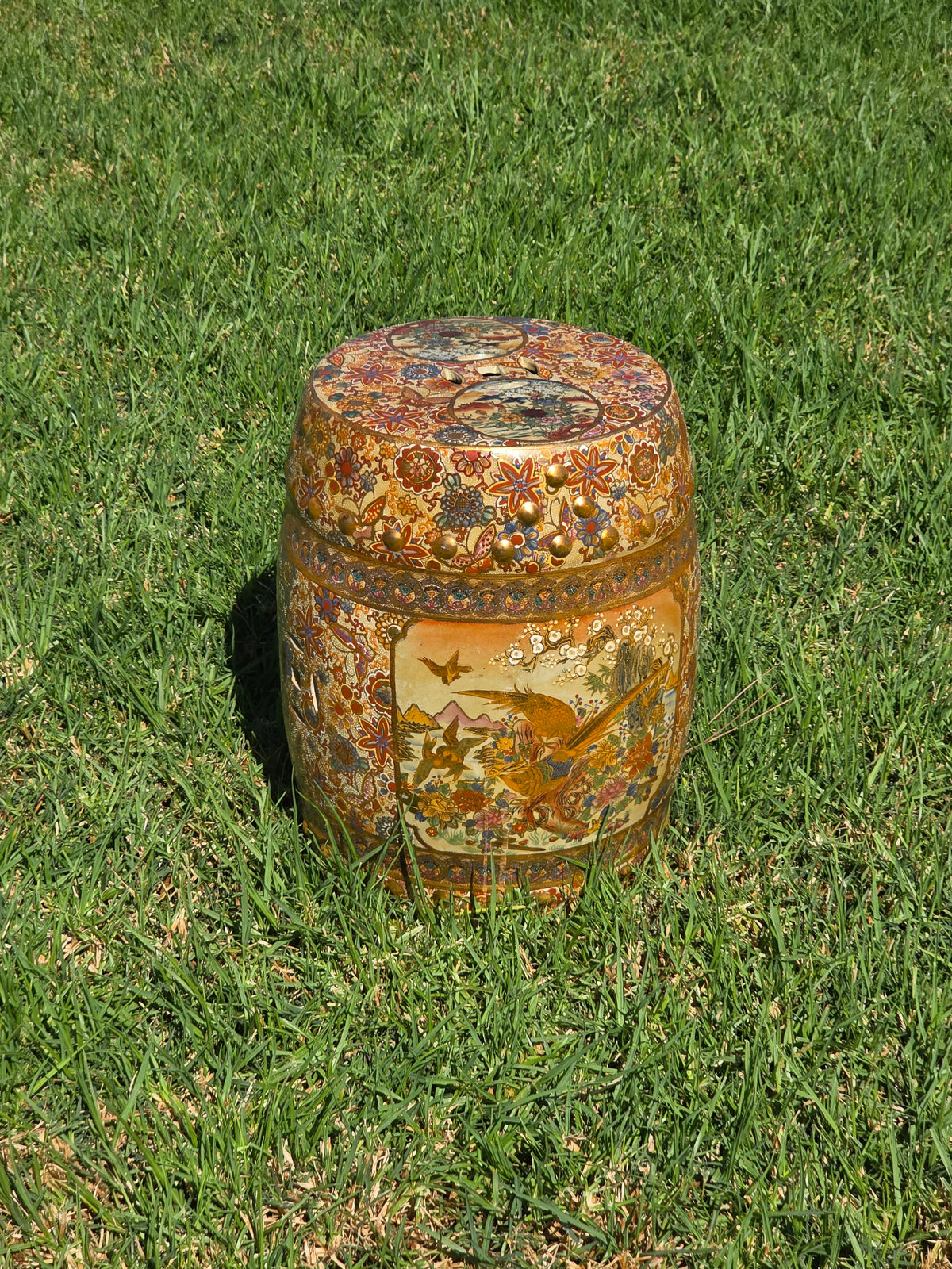 Vintage Satsuma Porcelain Garden Stool Gilt Moriage Bird Flower Plant Stand 18"