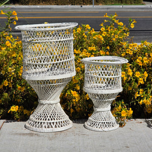 Vtg White Wicker Rattan Plant Stand Hourglass Boho Peacock Planter Basket Set 2