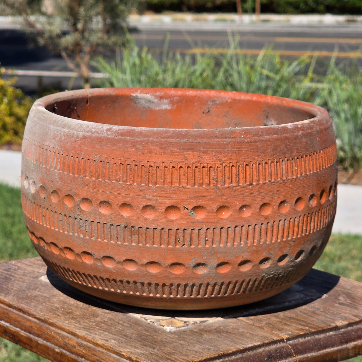 Vintage Terracotta Planter Pot Mid Century Geometric Boho Garden Bowl 9" 4.3lb