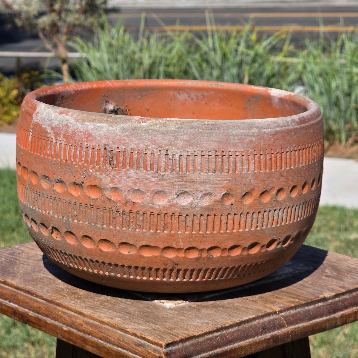Vintage Terracotta Planter Pot Mid Century Geometric Boho Garden Bowl 9" 4.3lb