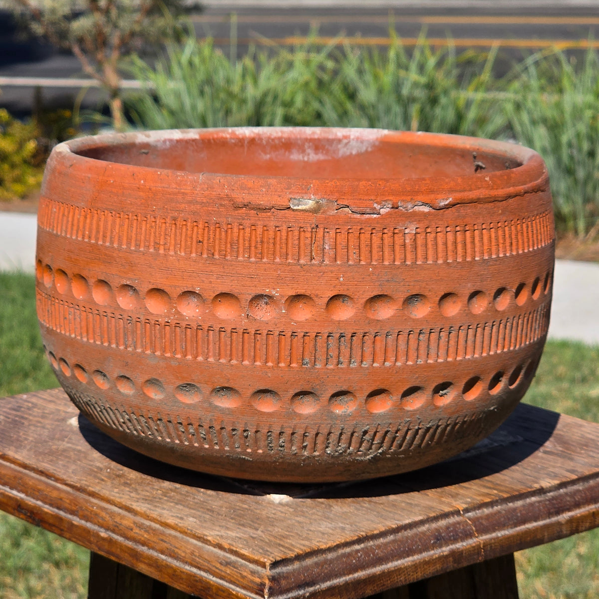 Vintage Terracotta Planter Pot Mid Century Geometric Boho Garden Bowl 9" 4.3lb