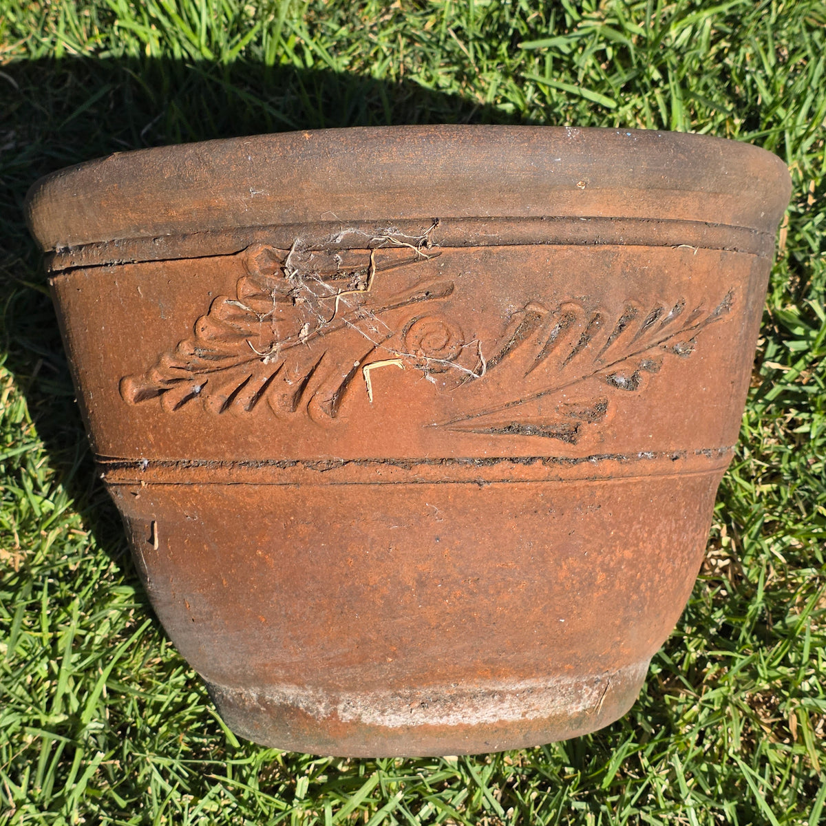 Vintage Terracotta Planter 15" Embossed Leaf Large Clay Flower Pot Rustic Heavy