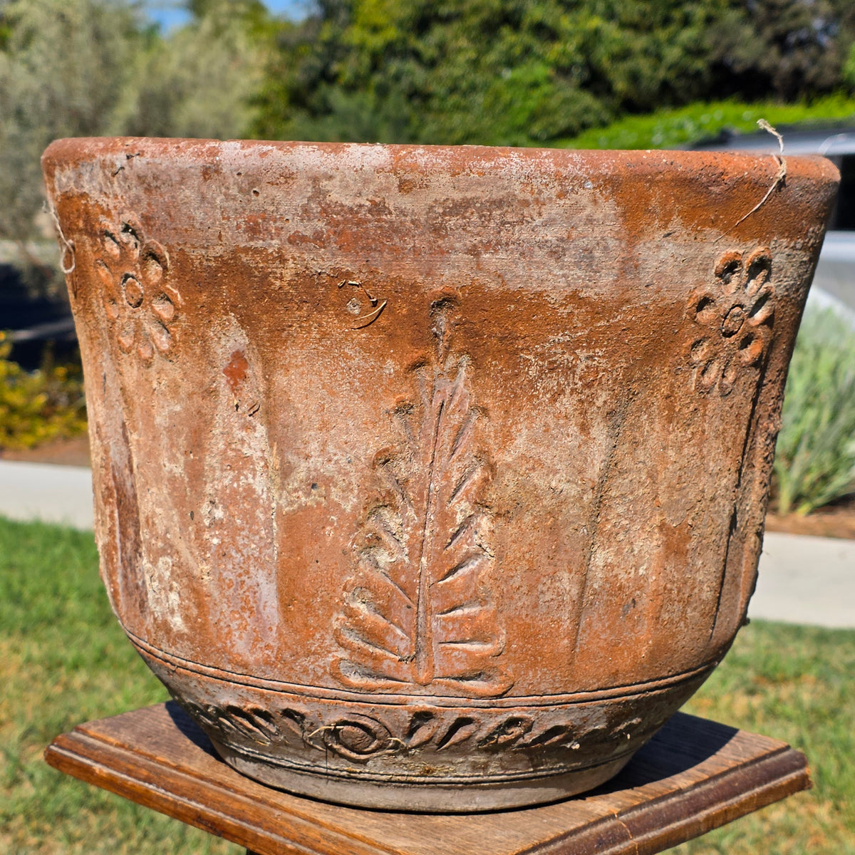 Vintage Terracotta Planter 14" Embossed Flower Large Clay Pot Rustic Heavy Aged