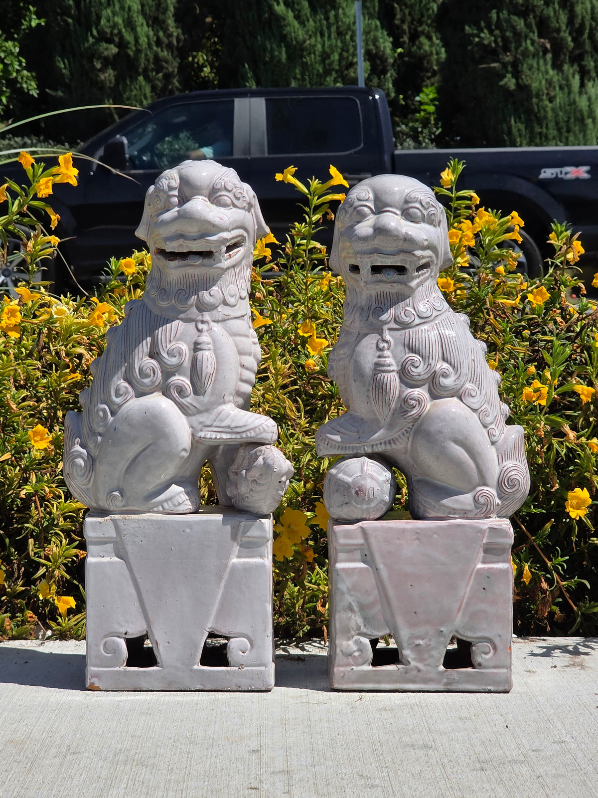 Vintage Mid Century Celadon Foo Dogs Pair Shiwan Ceramic Guardian Lions (Damage)