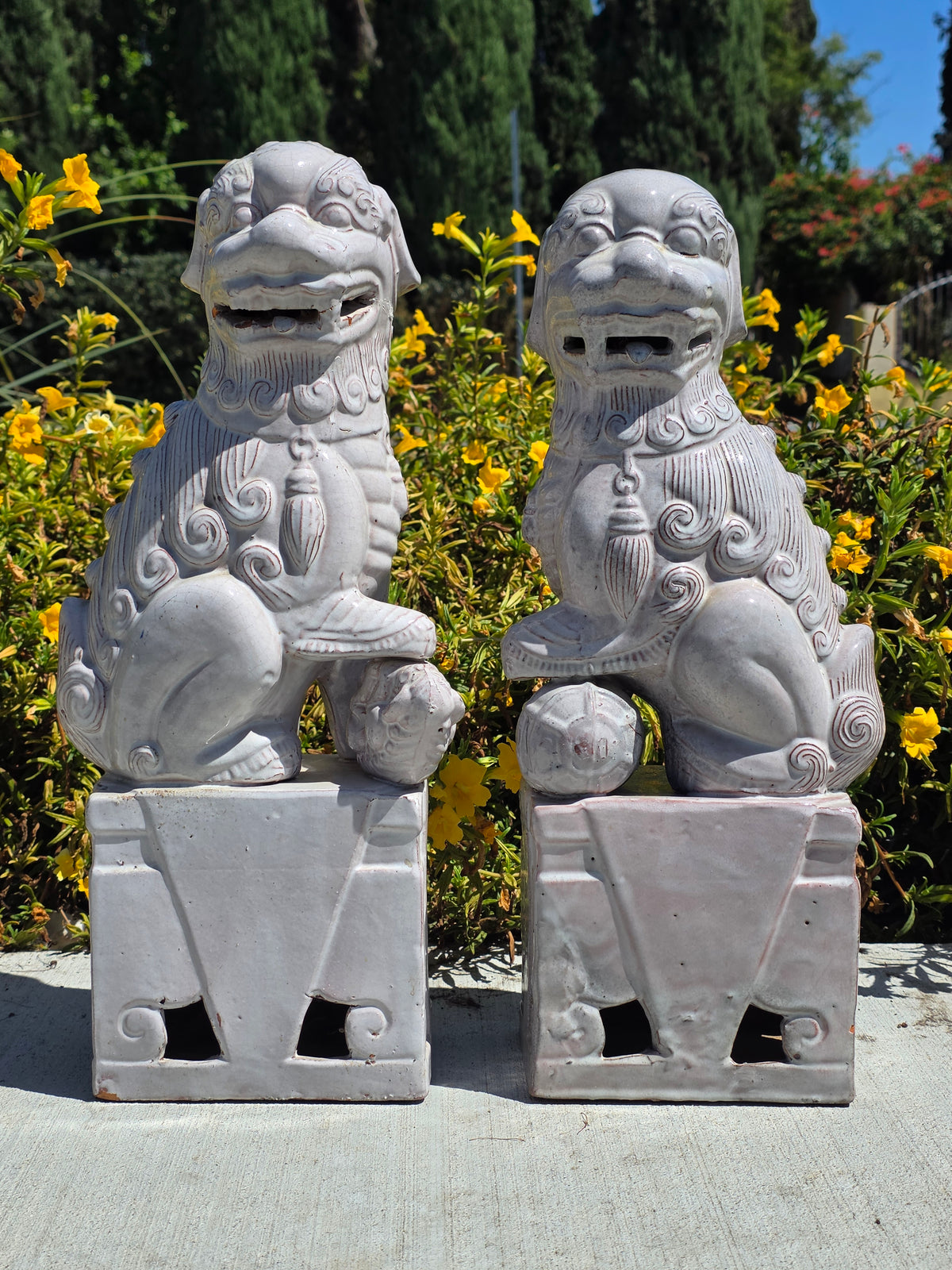 Vintage Mid Century Celadon Foo Dogs Pair Shiwan Ceramic Guardian Lions (Damage)