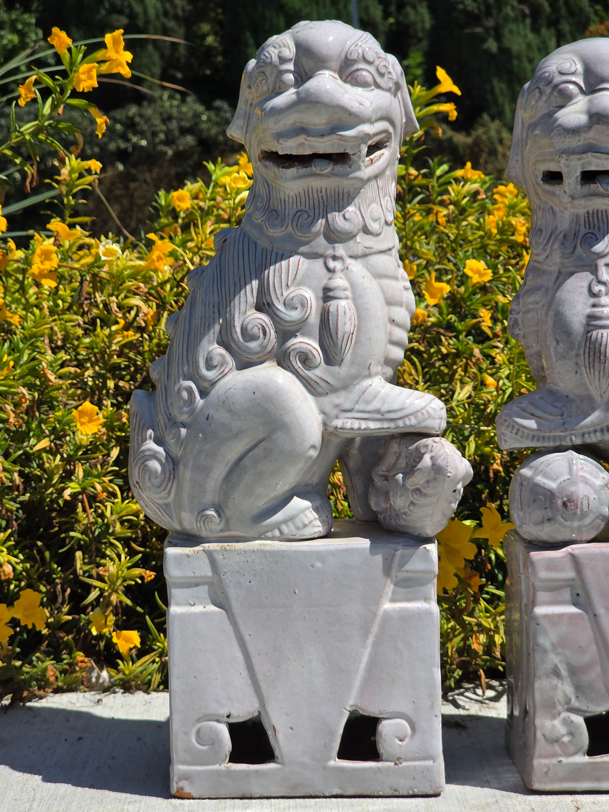 Vintage Mid Century Celadon Foo Dogs Pair Shiwan Ceramic Guardian Lions (Damage)