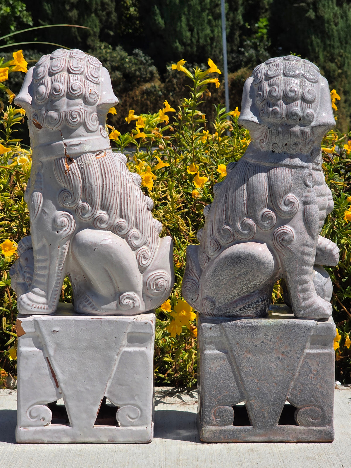 Vintage Mid Century Celadon Foo Dogs Pair Shiwan Ceramic Guardian Lions (Damage)