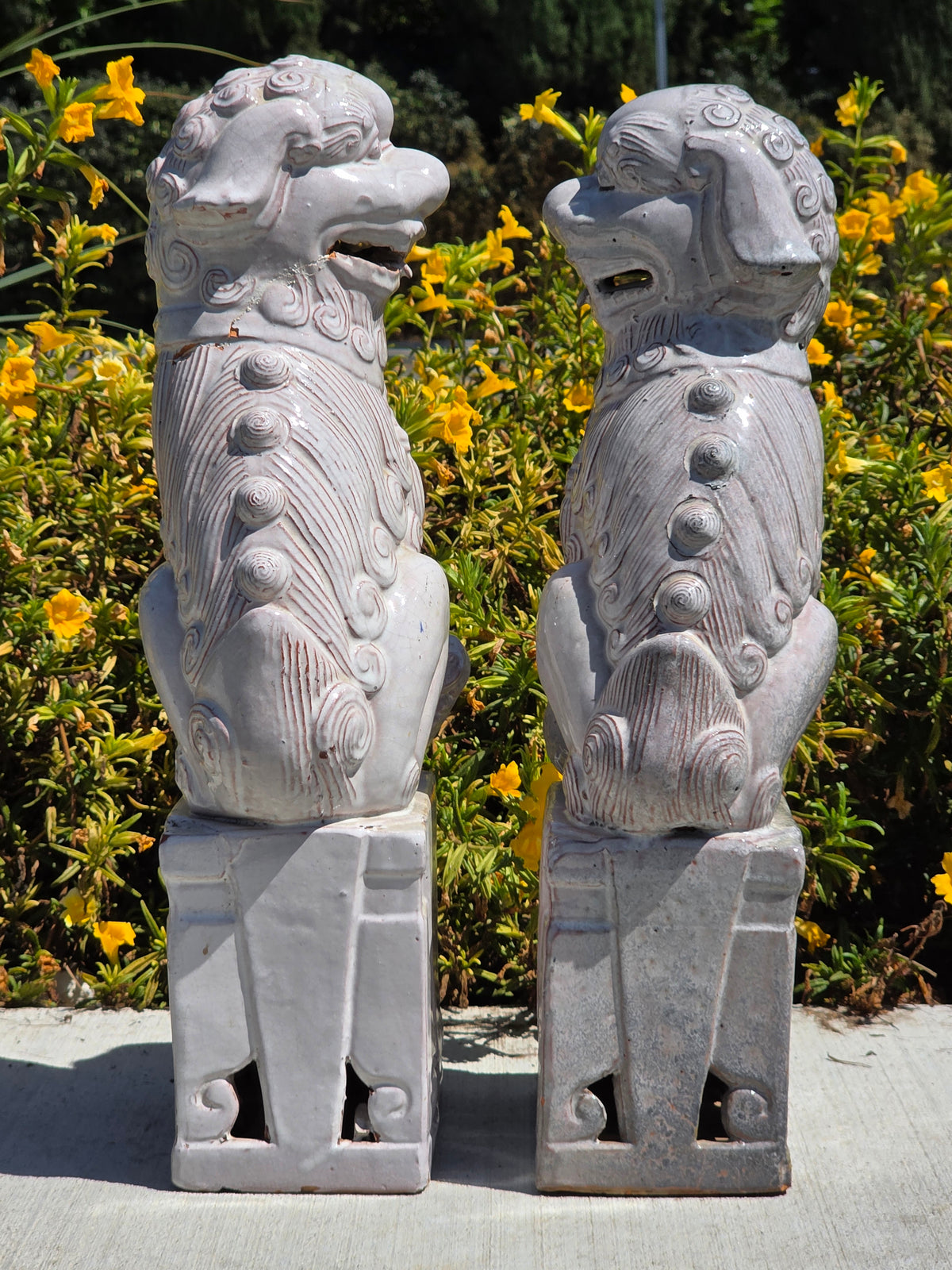 Vintage Mid Century Celadon Foo Dogs Pair Shiwan Ceramic Guardian Lions (Damage)