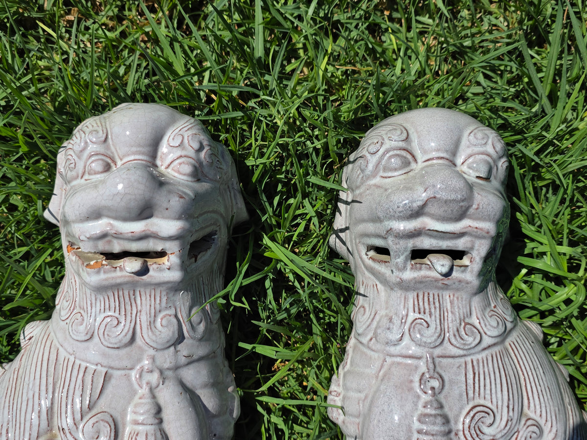 Vintage Mid Century Celadon Foo Dogs Pair Shiwan Ceramic Guardian Lions (Damage)