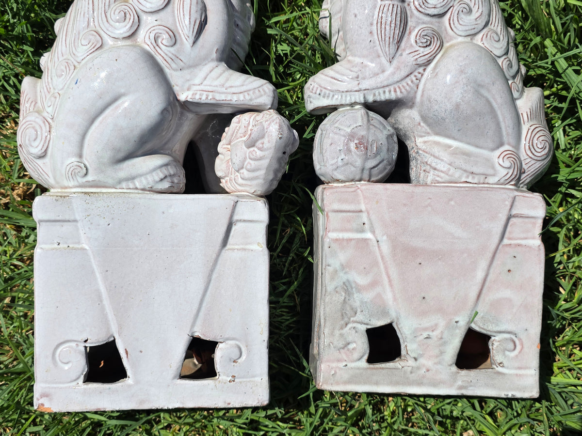 Vintage Mid Century Celadon Foo Dogs Pair Shiwan Ceramic Guardian Lions (Damage)