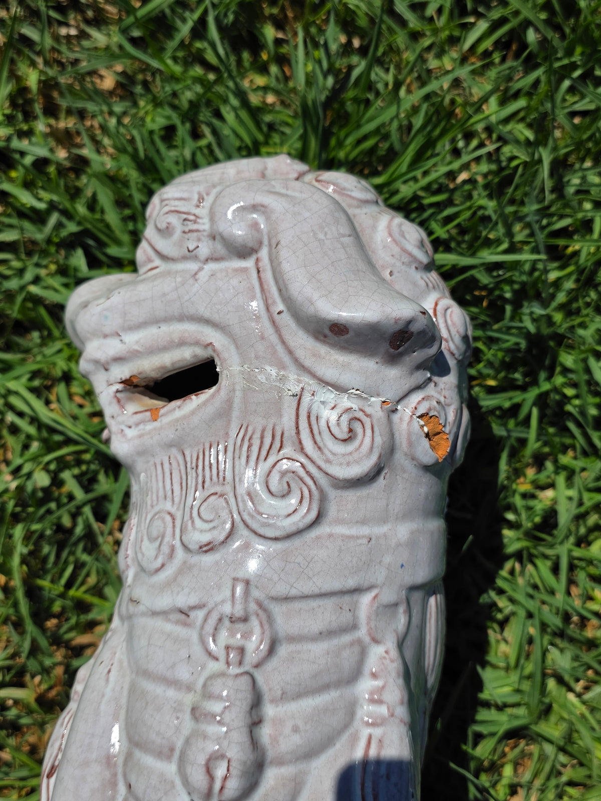 Vintage Mid Century Celadon Foo Dogs Pair Shiwan Ceramic Guardian Lions (Damage)