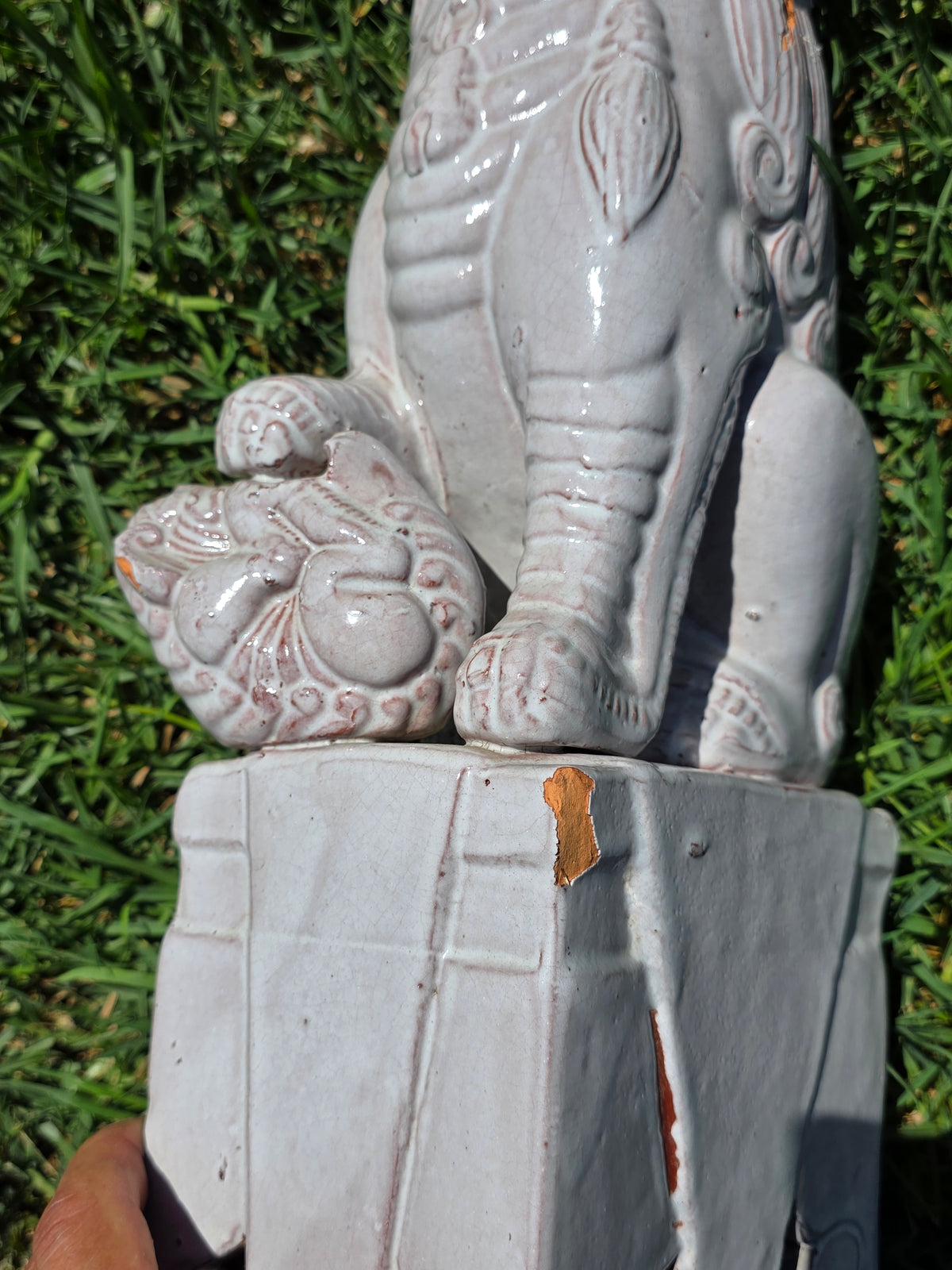 Vintage Mid Century Celadon Foo Dogs Pair Shiwan Ceramic Guardian Lions (Damage)