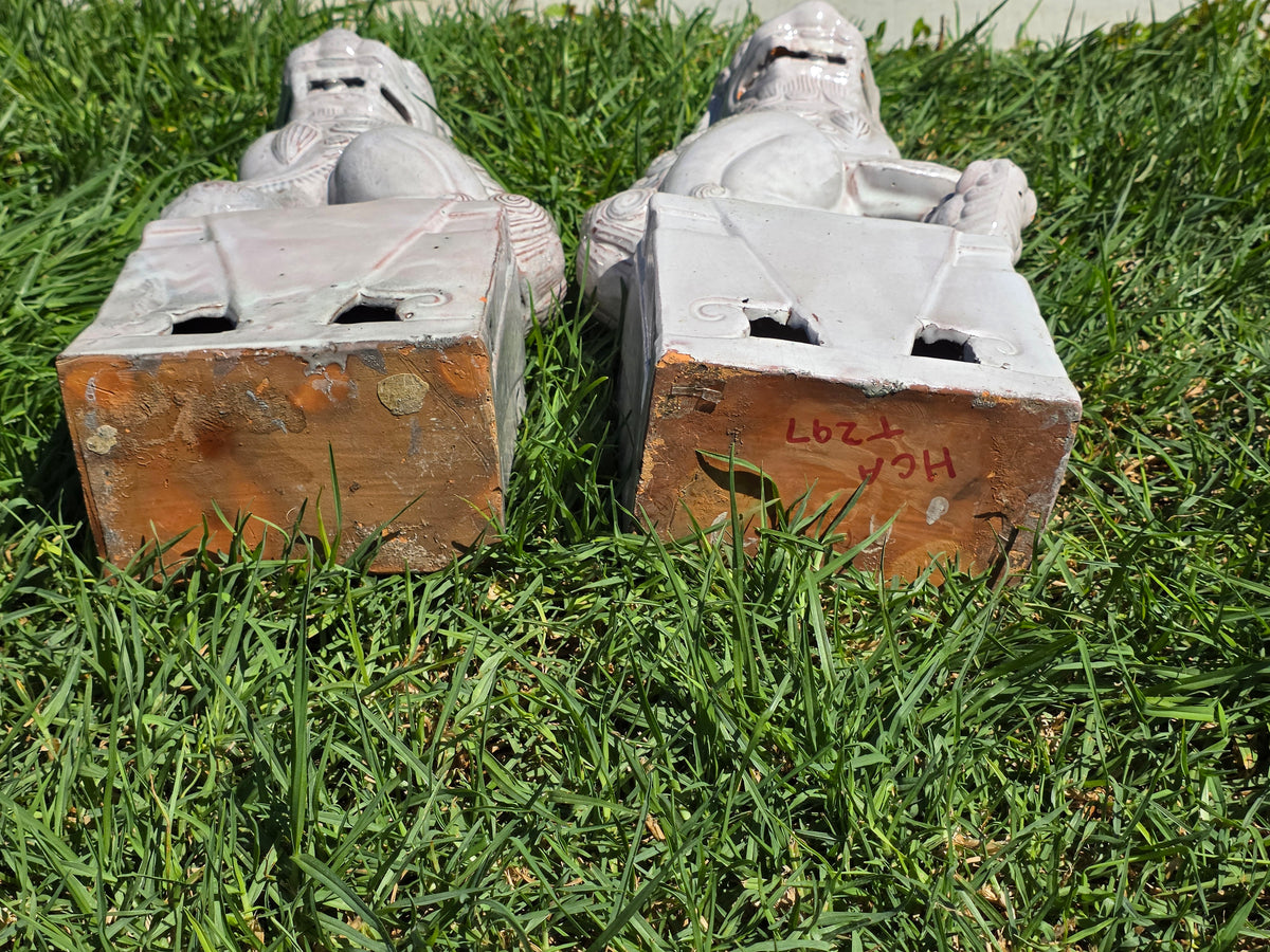 Vintage Mid Century Celadon Foo Dogs Pair Shiwan Ceramic Guardian Lions (Damage)