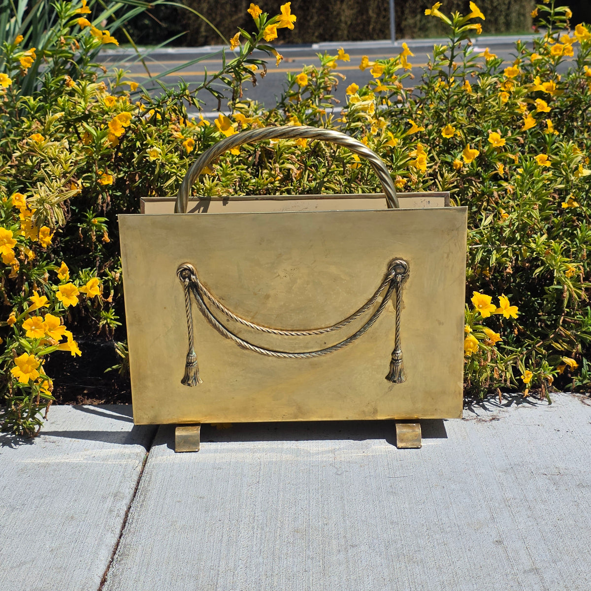 Vintage Peerage Brass Magazine Rack Holder Neoclassical Rope Tassel English 1940