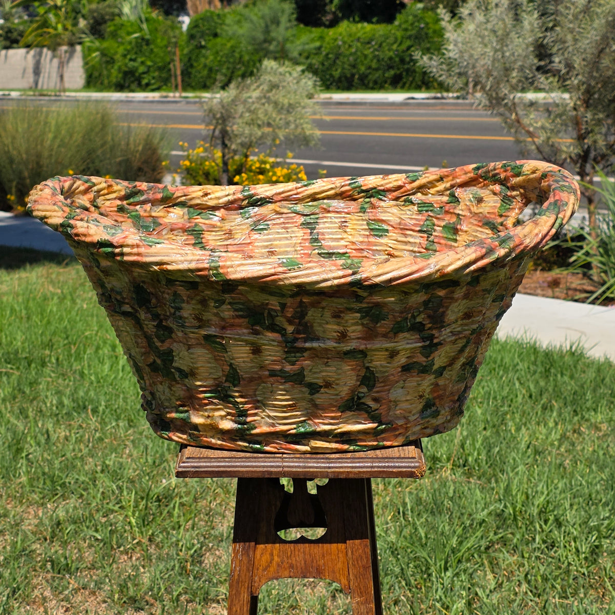 Vintage Wicker Laundry Basket Floral Cellophane Wrap Large Oval Mid Century Pink