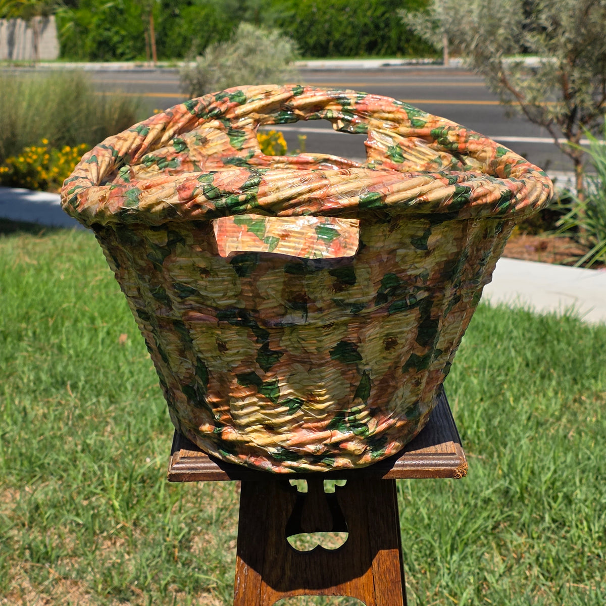 Vintage Wicker Laundry Basket Floral Cellophane Wrap Large Oval Mid Century Pink