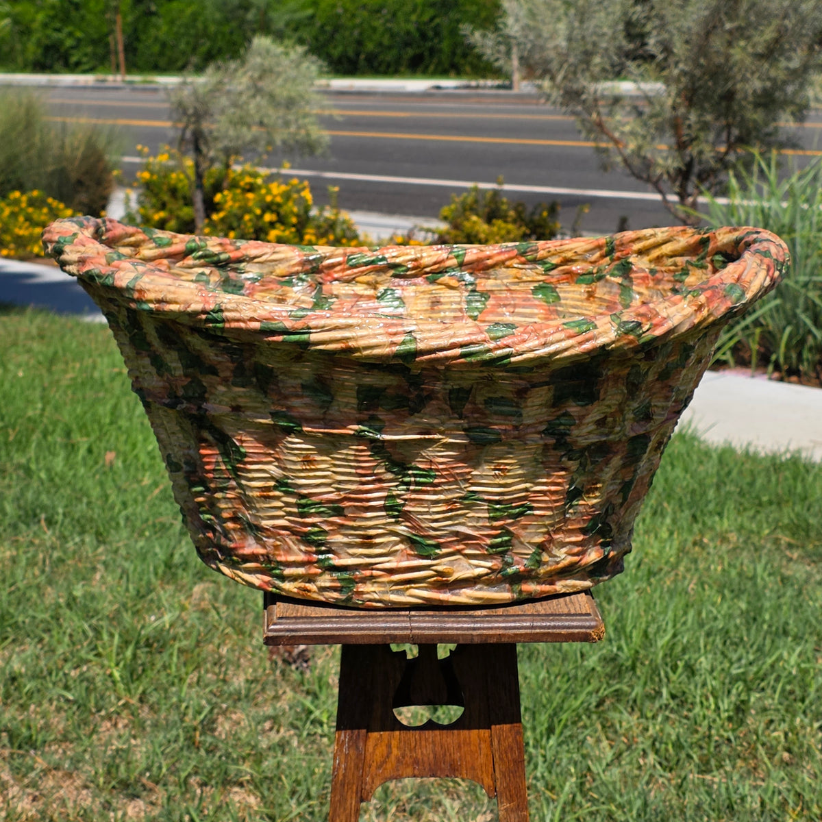 Vintage Wicker Laundry Basket Floral Cellophane Wrap Large Oval Mid Century Pink
