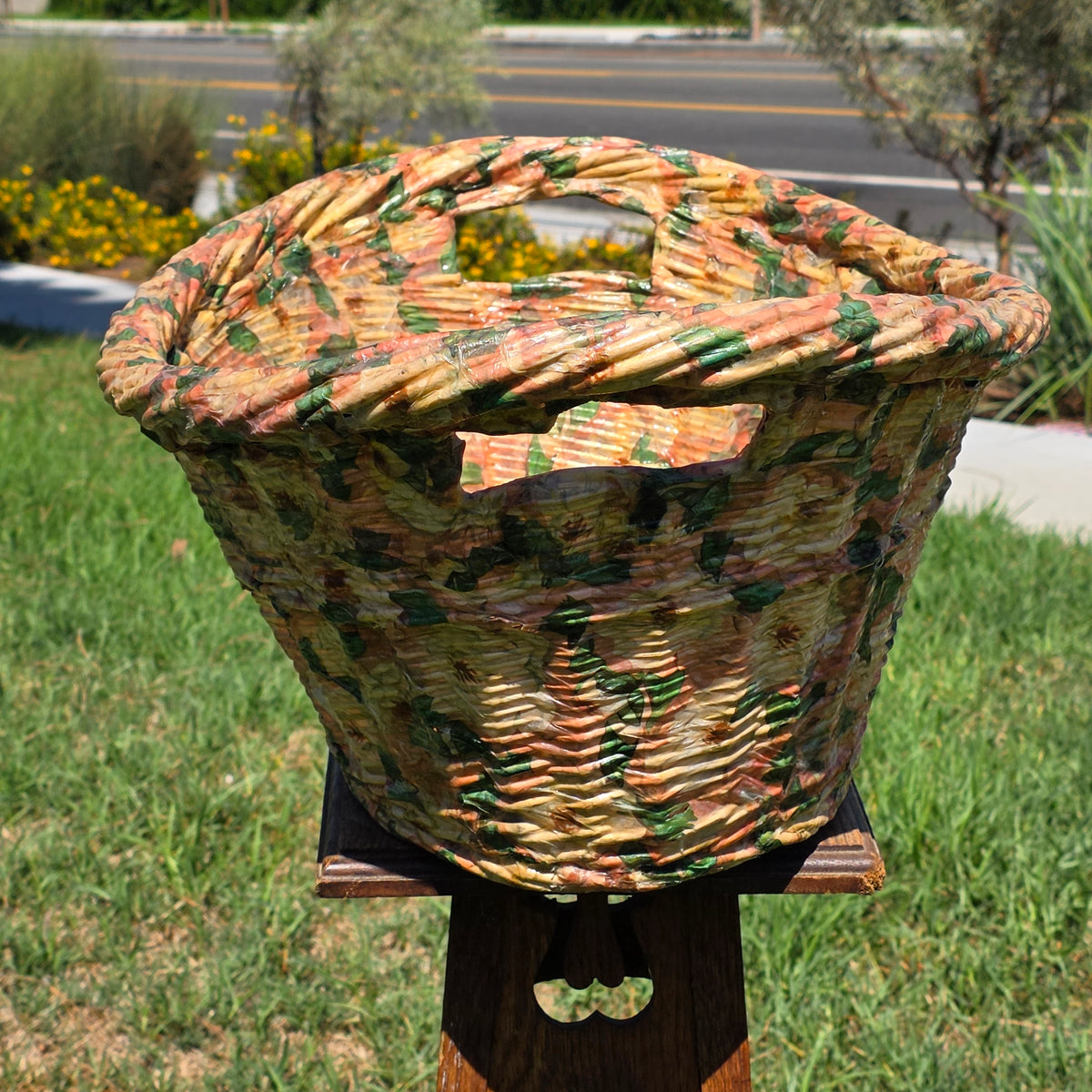 Vintage Wicker Laundry Basket Floral Cellophane Wrap Large Oval Mid Century Pink