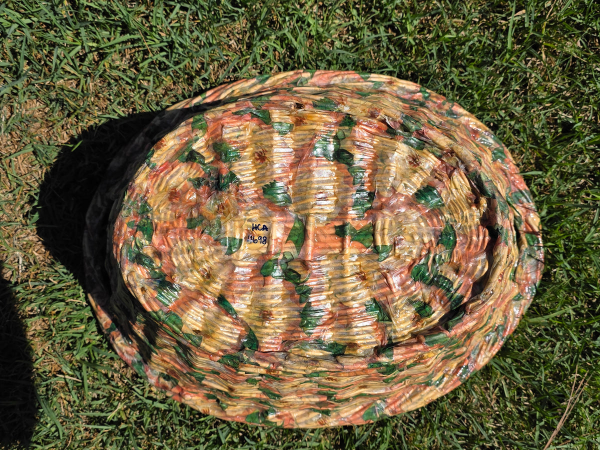 Vintage Wicker Laundry Basket Floral Cellophane Wrap Large Oval Mid Century Pink