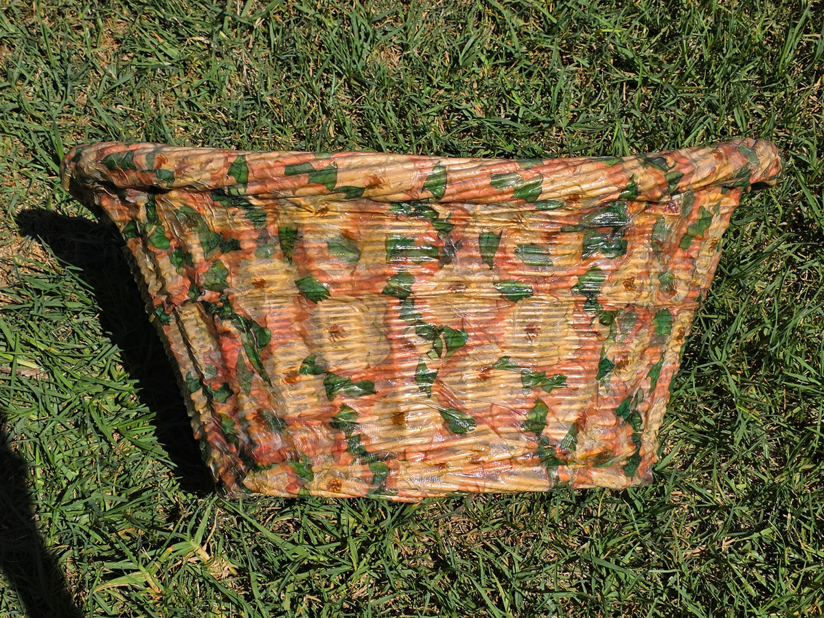 Vintage Wicker Laundry Basket Floral Cellophane Wrap Large Oval Mid Century Pink