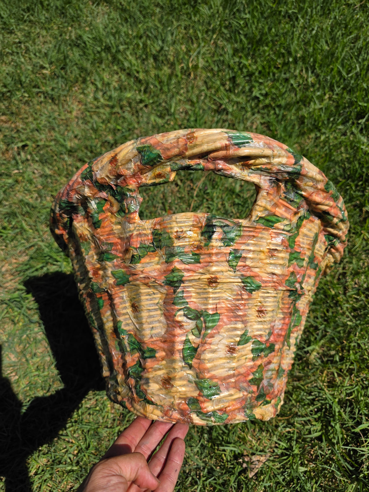 Vintage Wicker Laundry Basket Floral Cellophane Wrap Large Oval Mid Century Pink