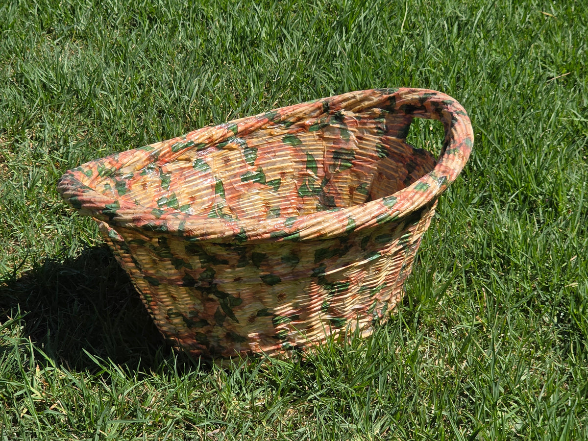 Vintage Wicker Laundry Basket Floral Cellophane Wrap Large Oval Mid Century Pink