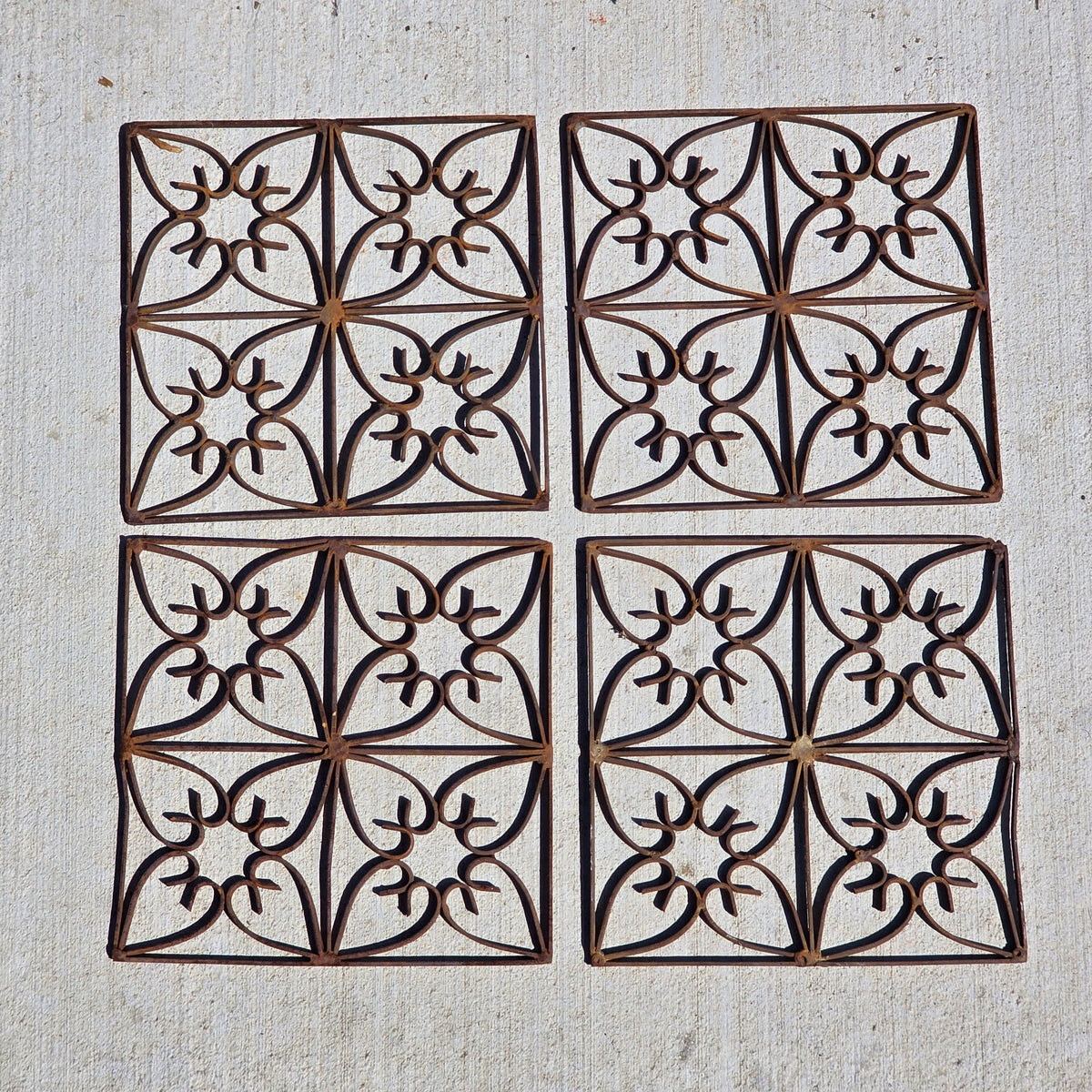 Vintage Wrought Iron Wall Plaque Grille Tile Set of 4 Square Heart Scroll Rusty
