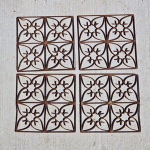 Vintage Wrought Iron Wall Plaque Grille Tile Set of 4 Square Heart Scroll Rusty