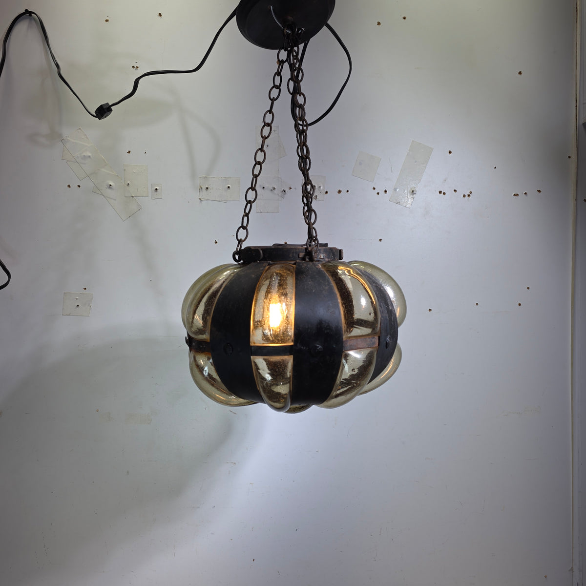 Vintage Caged Blown Glass Pumpkin Pendant Light Spanish Iron Onion Lamp Green