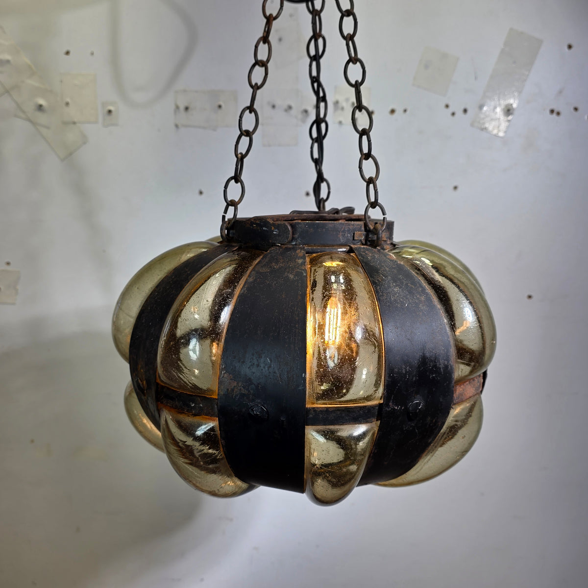 Vintage Caged Blown Glass Pumpkin Pendant Light Spanish Iron Onion Lamp Green