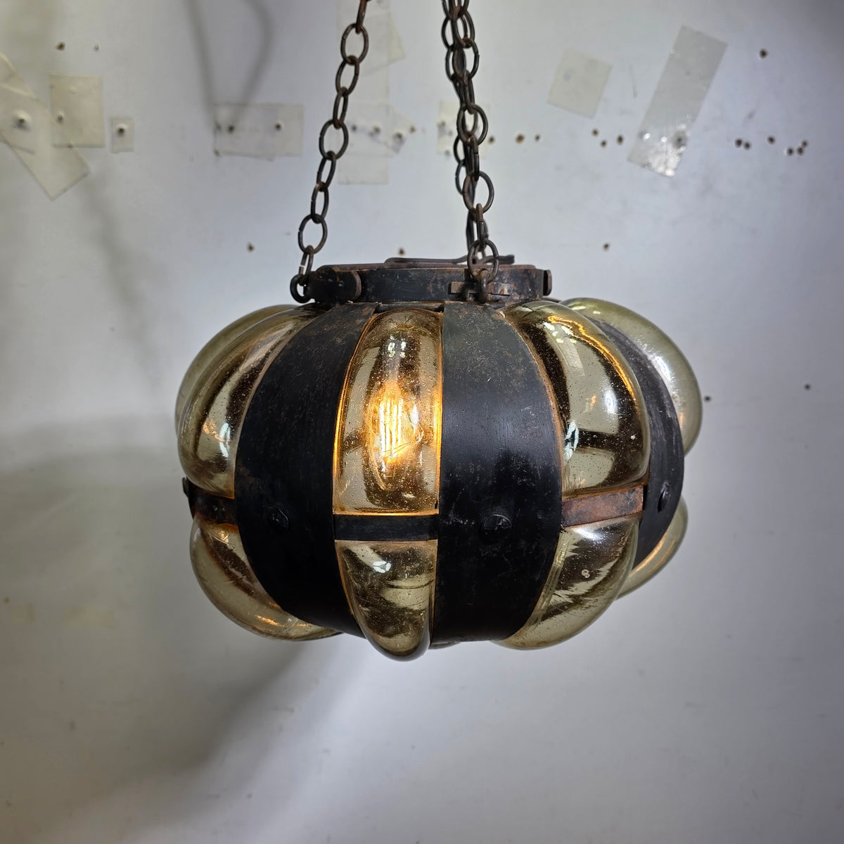 Vintage Caged Blown Glass Pumpkin Pendant Light Spanish Iron Onion Lamp Green