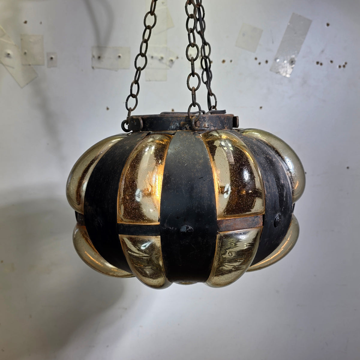 Vintage Caged Blown Glass Pumpkin Pendant Light Spanish Iron Onion Lamp Green