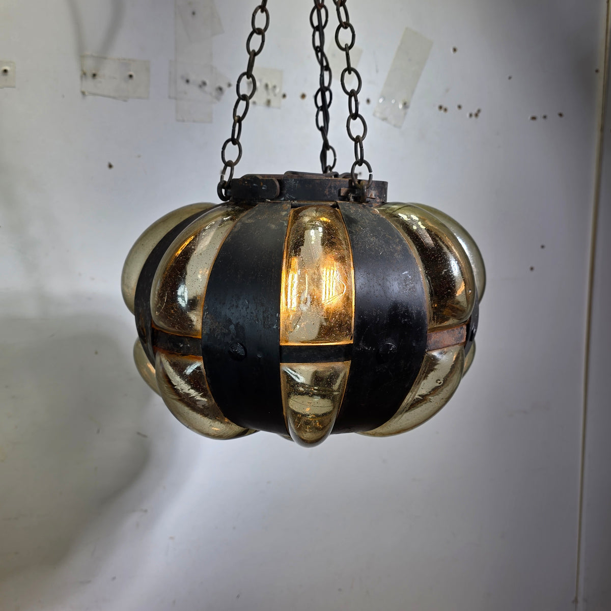 Vintage Caged Blown Glass Pumpkin Pendant Light Spanish Iron Onion Lamp Green