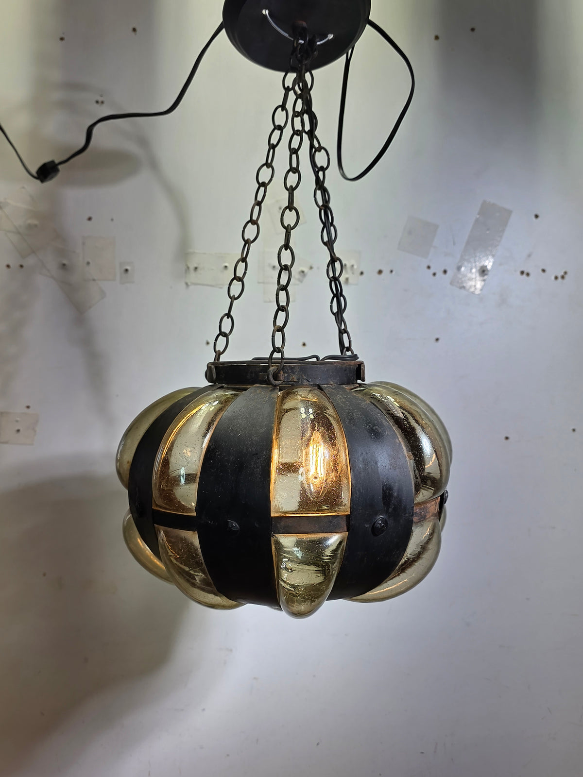 Vintage Caged Blown Glass Pumpkin Pendant Light Spanish Iron Onion Lamp Green
