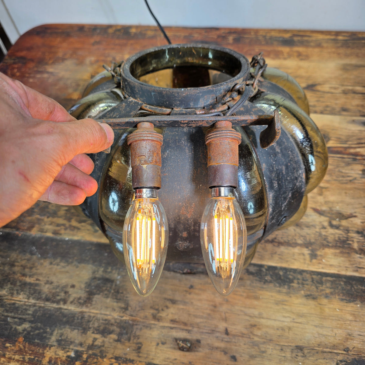 Vintage Caged Blown Glass Pumpkin Pendant Light Spanish Iron Onion Lamp Green